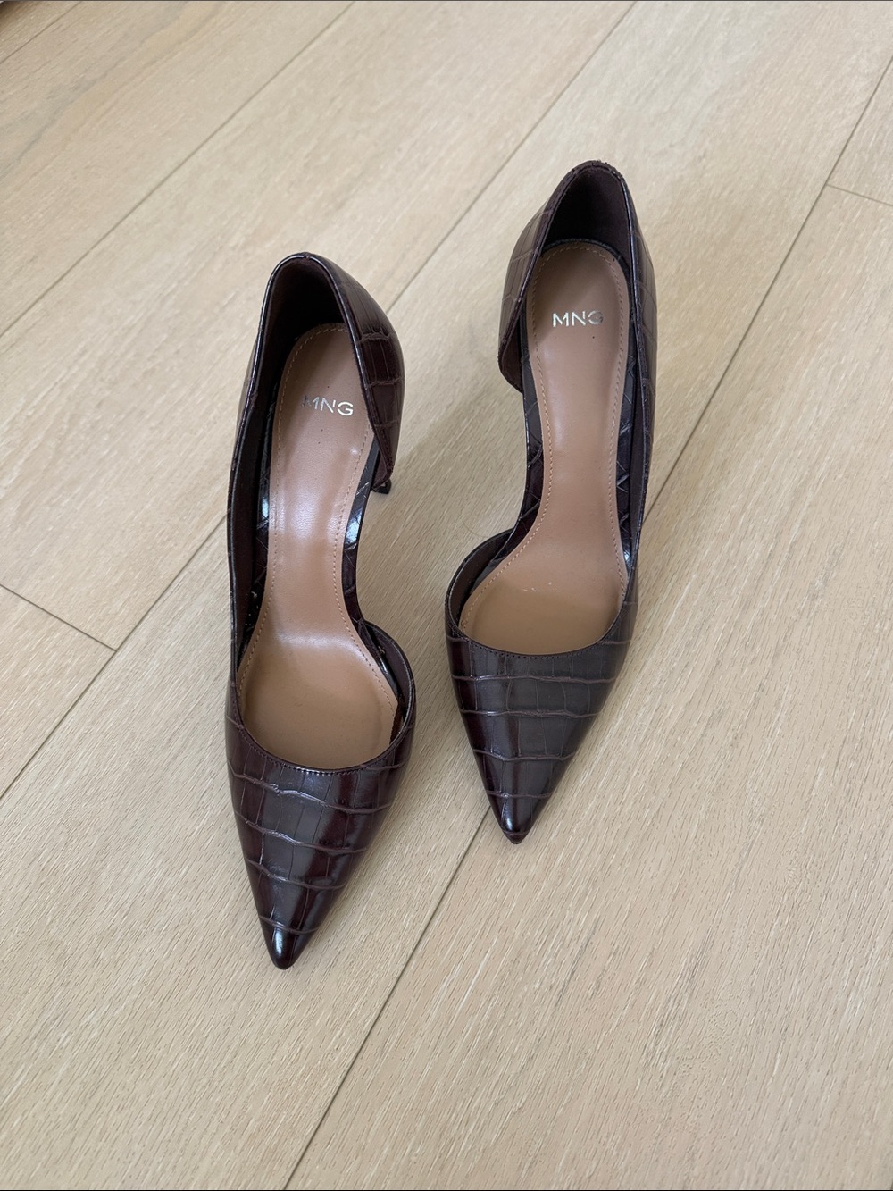 Mango Croc-Embossed D'Orsay Pointed Heels in Dark Brown